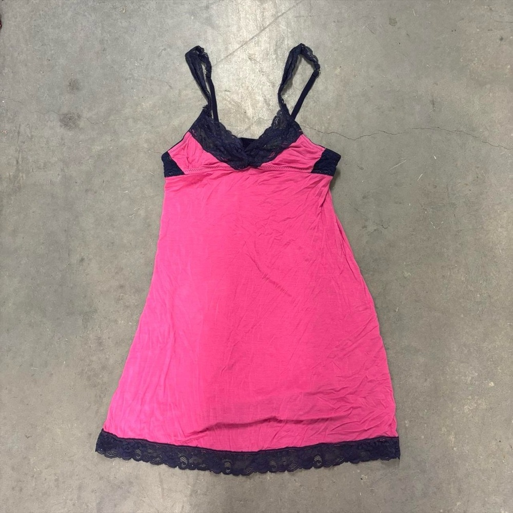 Y2K Honeydew pink and navy lace trim slip dress